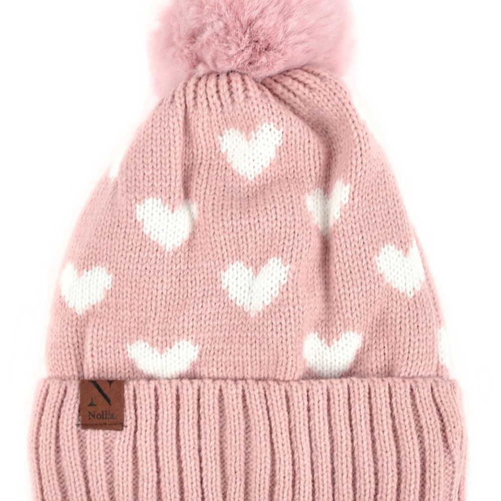 SET OF WOMAN'S KNIT HEARTS AND POM POM HAT BEANIES - Picture 4 of 8